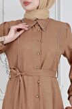 İnci Çakım Önü Düğmeli Keten Elbise-Camel