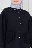Önü Gül Detaylı Tunik-Siyah