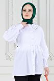 Yakası Taş Çakım Tunik-Beyaz