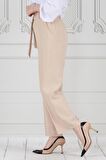 Beli Bağlamalı Bol Paça Pantolon-Bej