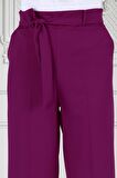 Beli Bağlamalı Bol Paça Pantolon-Mürdüm