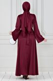 Çapraz Kuşaklı Saten Abiye Elbise-Bordo