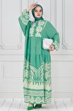 Yarasa Kol Karışık Desen Viscon Elbise-Mint Yeşili