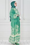 Yarasa Kol Karışık Desen Viscon Elbise-Mint Yeşili