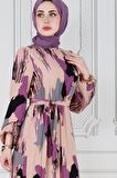 Fırça Darbeli Kuşaklı Viskon Elbise-Lila