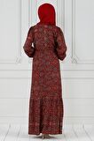 Çini Desen Beli Tünelli Viskon Elbise-Kırmızı
