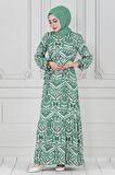Motif Desen Beli Kuşaklı Viskon Elbise-Mint Yeşili