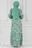 Motif Desen Beli Kuşaklı Viskon Elbise-Mint Yeşili