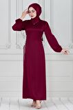 Bağcığı Taş Detaylı Saten Abiye-Bordo