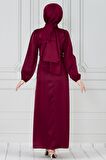 Bağcığı Taş Detaylı Saten Abiye-Bordo