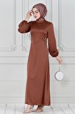 Bağcığı Taş Detaylı Saten Abiye-Kahverengi