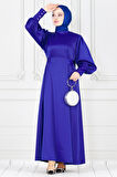 Arkadan Bağlamalı Kolu Düğmeli Saten Abiye-Saks Mavi