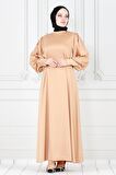 Arkadan Bağlamalı Kolu Düğmeli Saten Abiye-Bej