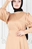Arkadan Bağlamalı Kolu Düğmeli Saten Abiye-Bej