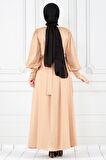 Arkadan Bağlamalı Kolu Düğmeli Saten Abiye-Bej