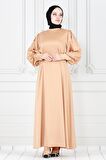 Arkadan Bağlamalı Kolu Düğmeli Saten Abiye-Bej