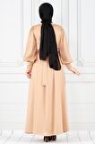 Arkadan Bağlamalı Kolu Düğmeli Saten Abiye-Bej
