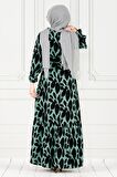 Eteği Fırfır Yaprak Desenli Viscon Elbise-Yeşil