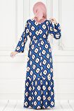 Eteği Fırfır İkat Desen Viscon Elbise-Mavi