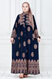 Motif Desen Robalı Viscon Tesettür Elbise-Lacivert