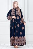 Motif Desen Robalı Viscon Tesettür Elbise-Lacivert