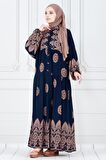 Motif Desen Robalı Viscon Tesettür Elbise-Lacivert