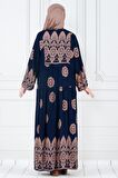 Motif Desen Robalı Viscon Tesettür Elbise-Lacivert