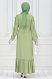 Robalı Kuşaklı Ada Elbise-Fıstık Yeşili