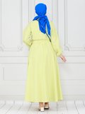 Boydan Düğmeli Çizgili Elbise-Sarı