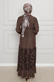 Eteği Desenli Karin Elbise-Kahverengi