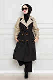 İki Renkli Kemerli Trençkot-Siyah