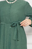Önden Düğmeli Bürümcük Elbise-Zümrüt Yeşili