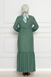 Önden Düğmeli Bürümcük Elbise-Zümrüt Yeşili