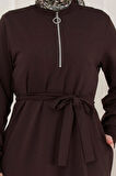 Önü Fermuar Detaylı İki İplik Elbise-Kahverengi