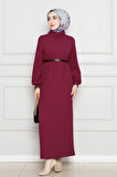 Balıkçı Yaka Kemerli Elbise-Bordo