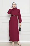 Balıkçı Yaka Kemerli Elbise-Bordo