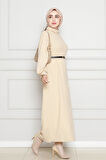 Balıkçı Yaka Kemerli Elbise-Bej