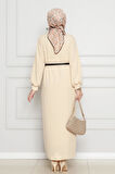 Balıkçı Yaka Kemerli Elbise-Bej