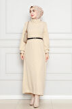 Balıkçı Yaka Kemerli Elbise-Bej