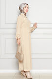 Beli Tünelli Fermuarlı Cepli Elbise-Bej