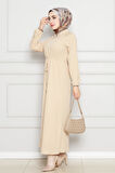 Beli Tünelli Fermuarlı Cepli Elbise-Bej