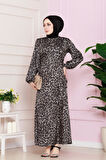 Yanı Bağcıklı Leopar Desenli Tesettür Abiye-VİZON