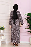 Yanı Bağcıklı Leopar Desenli Tesettür Abiye-VİZON