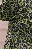 Yanı Bağcıklı Leopar Desenli Tesettür Abiye-Yeşil