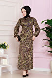 Yanı Bağcıklı Leopar Desenli Tesettür Abiye-Hardal