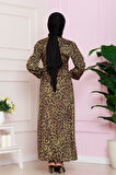 Yanı Bağcıklı Leopar Desenli Tesettür Abiye-Hardal
