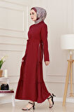 Yanı Fermuar Detaylı Tesettür Elbise-Bordo