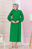 Beli Kuşaklı Luna Tesettür Elbise-Yeşil