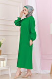 Beli Kuşaklı Luna Tesettür Elbise-Yeşil