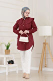 Beli Bağcık Detaylı Geniş Yaka Tunik-Bordo